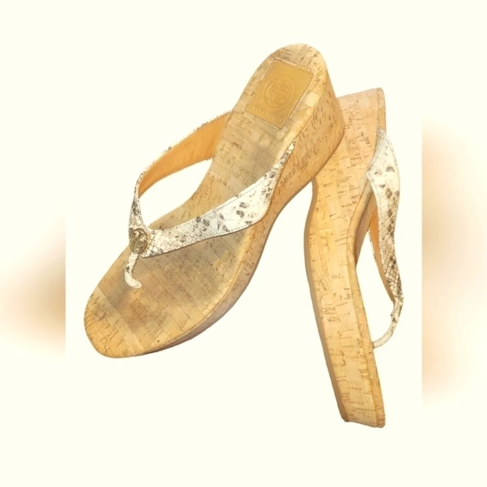 Tory Burch Suzy Cork Tan Brown Snakeskin Print Leather Wedge Thong Sandals 10.5M